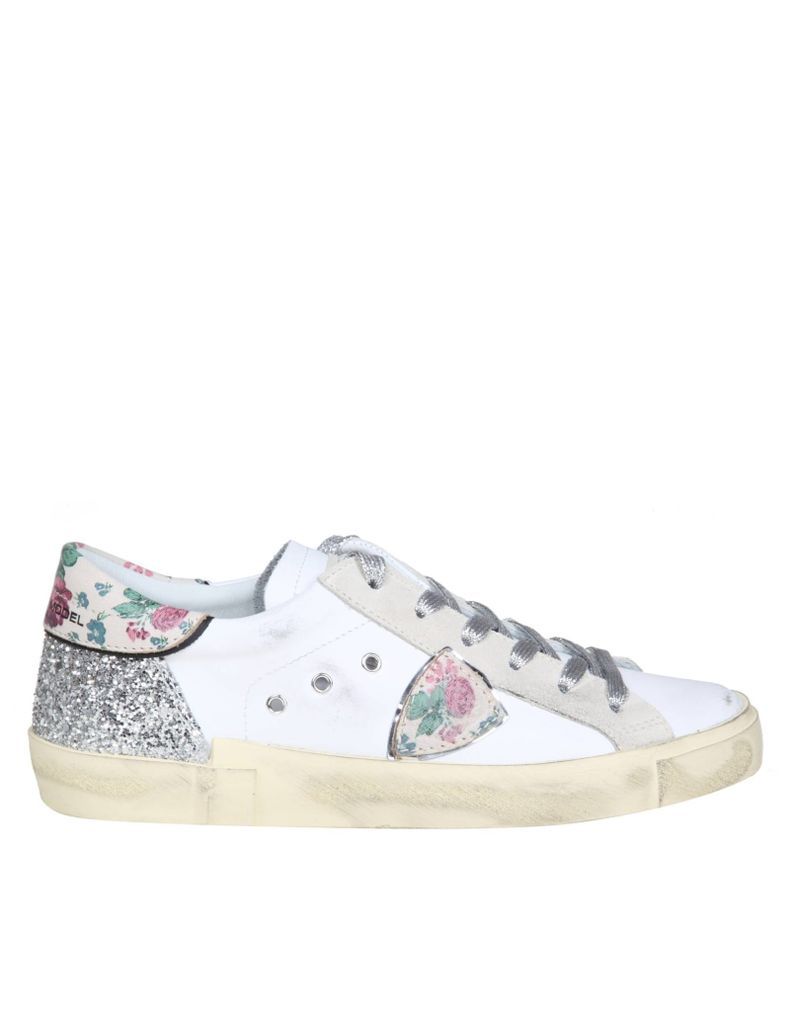Prsx Sneakers In White Leather With Glitter And Flower Print