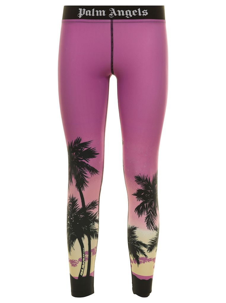 Purple Leggings With Logo And Sunset Print In Stretch Fabric Woman