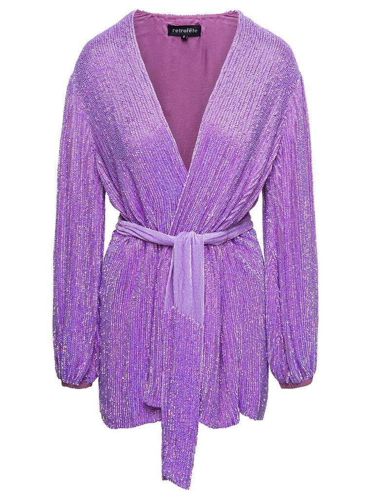 Purple Sequin Embellished Wrap Minidress With Tied Belt In Viscose Woman