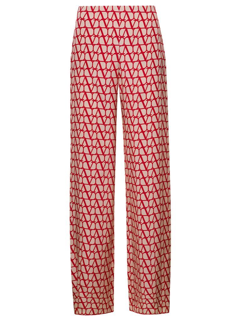 Red And Beige Straight Pants With All-Over Vlogo Monogram Print In Silk Woman