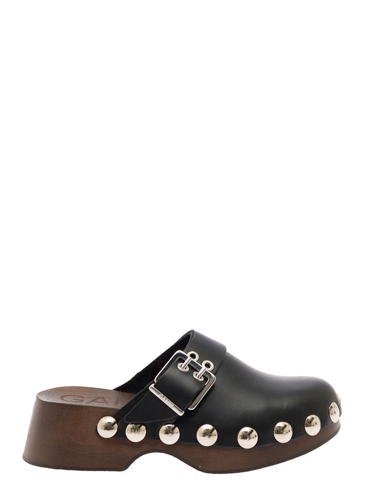 Retro Black Leather Clogs With Studs Ganni Woman