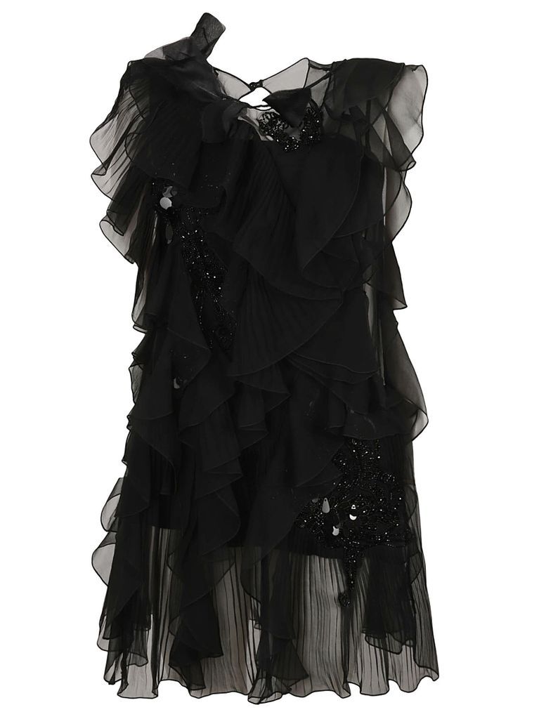 Ruffle Detail Lace Paneled Sleeveless Dress