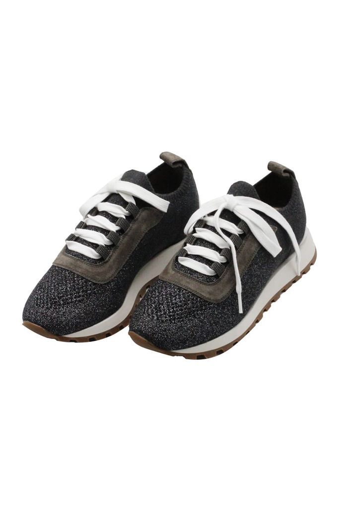 Runner Shoe In Sparkling Cotton Knit With Laces With Shiny Jewel Loops