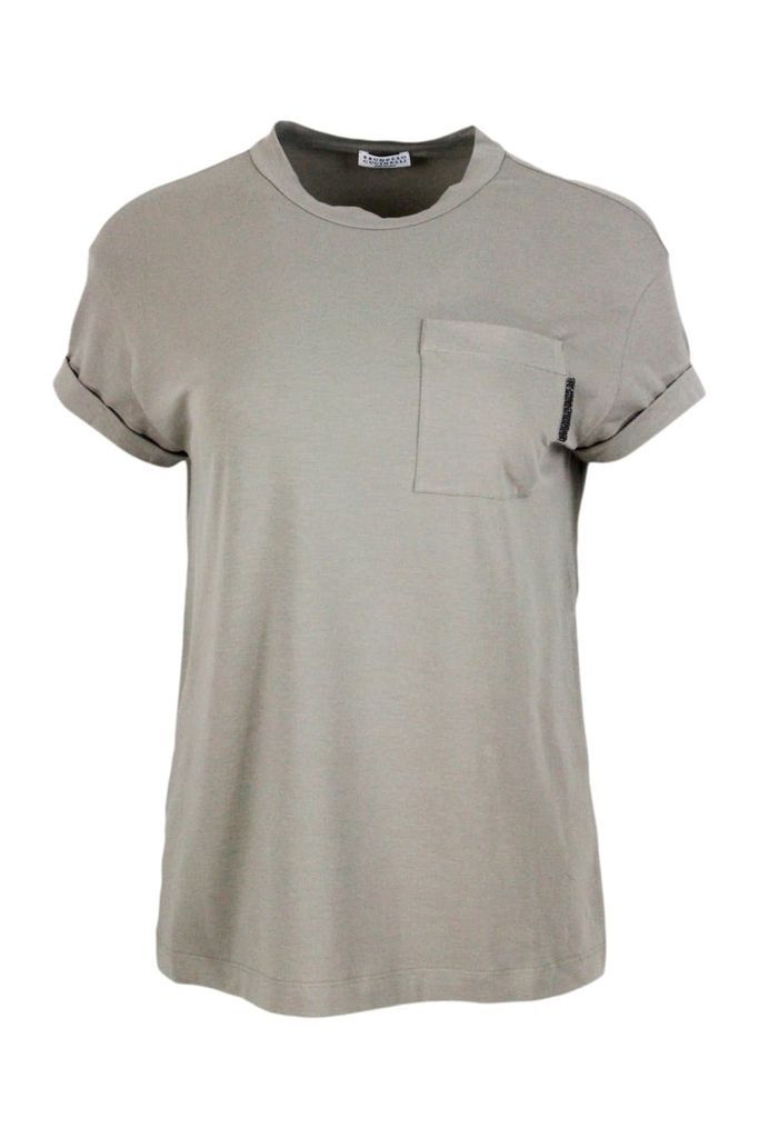 Short-Sleeved Oversized T-Shirt In Stretch Cotton With Crew Neck And Pocket With Jewel
