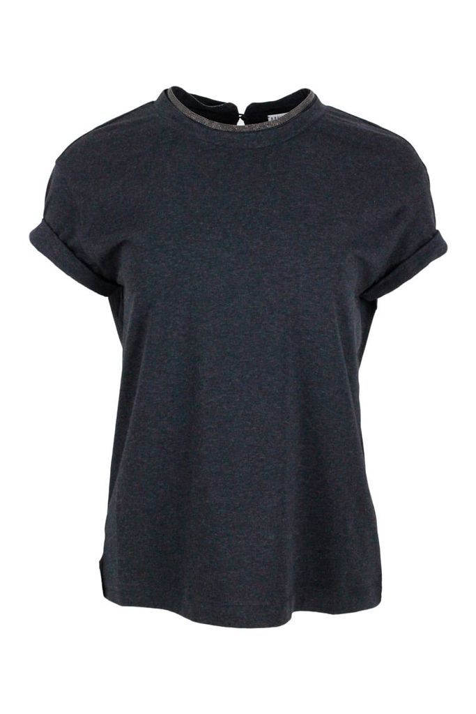 Short-Sleeved T-Shirt In Elasticized Stretch Cotton With A Crew Neck Edged With Jewels