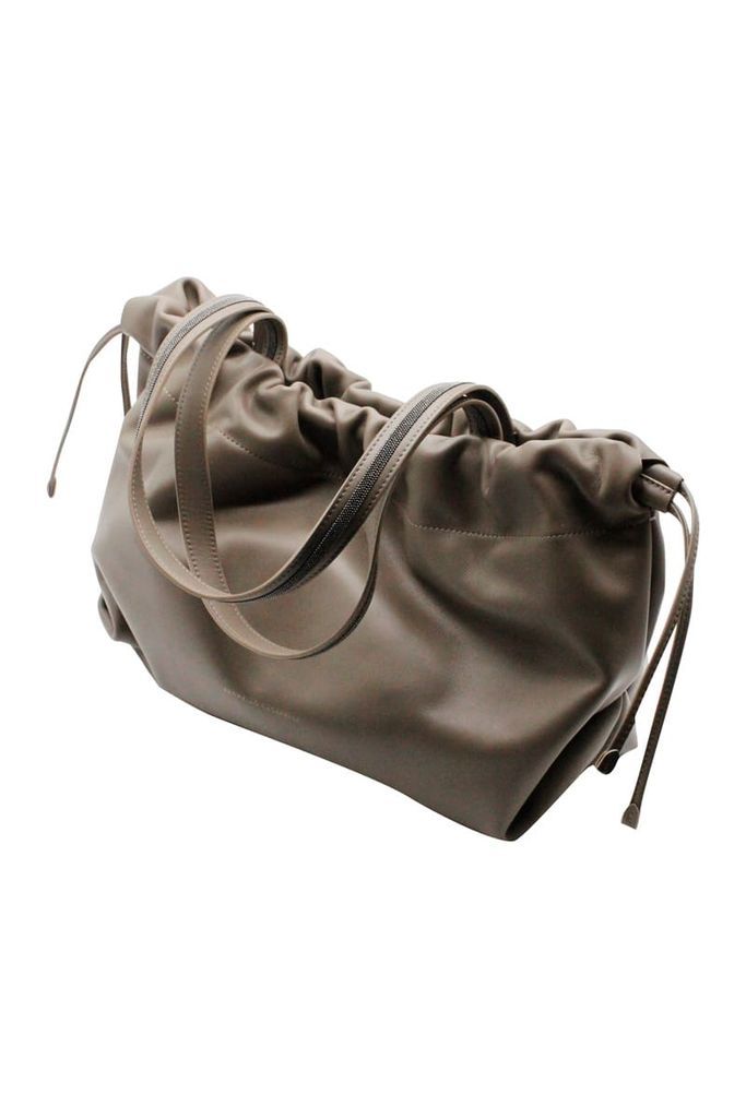 Shopper Bag In Soft Leather With Drawstring Closure, Embellished
