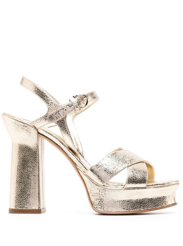 Silver Tone Laminated Heeled Sonya Sandals In Calf Leather Woman