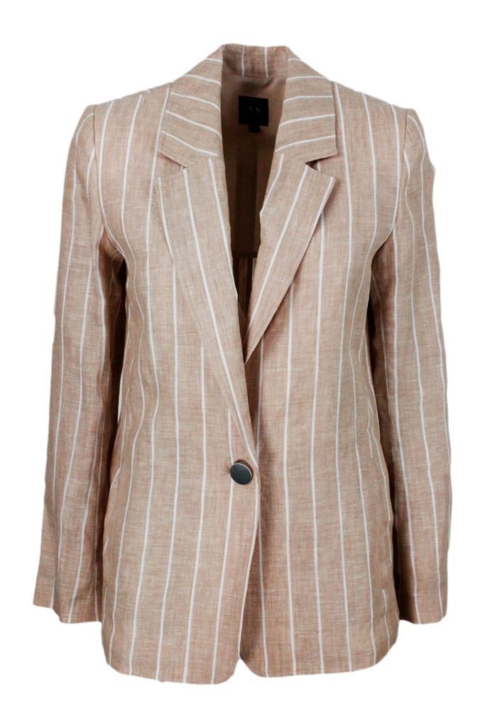 Single-Breasted Jacket In Light Linen With One Button Closure And Striped Pattern