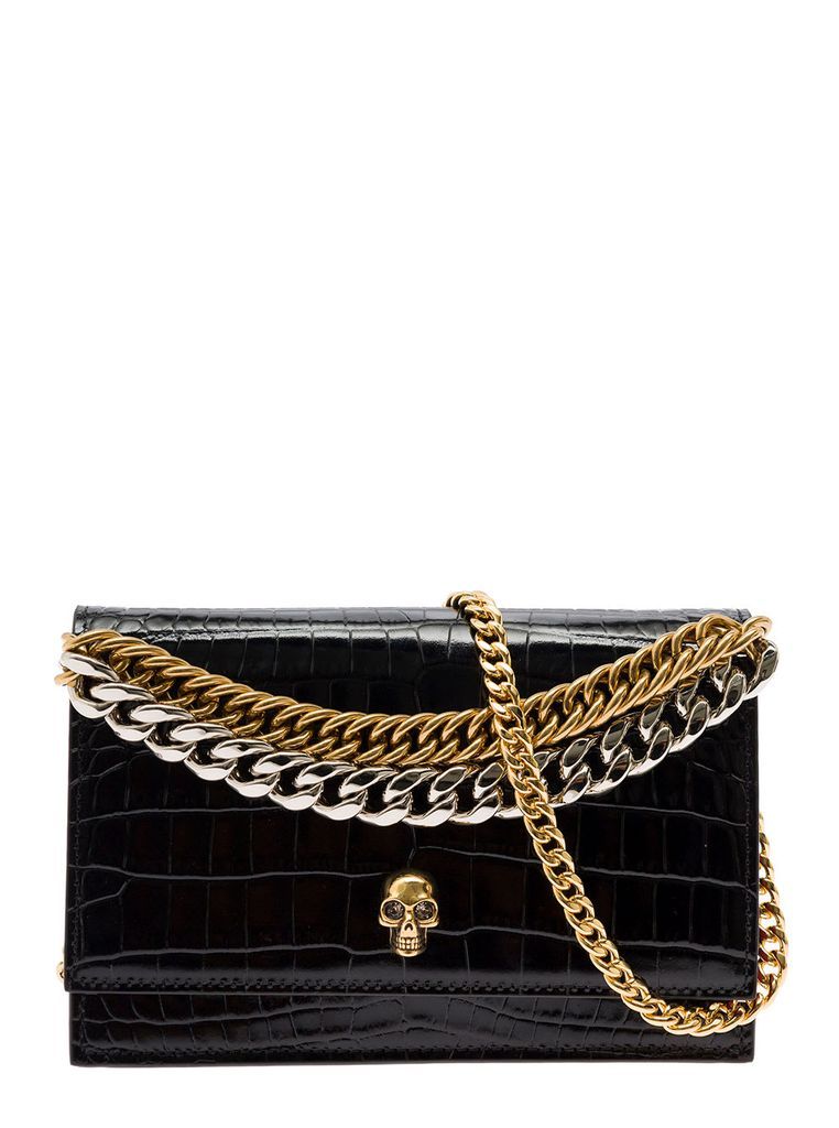 Skull Small Black Shoulder Bag With Double Chain Detail In Embossed Croc Leather Woman Alexander Mcqueen