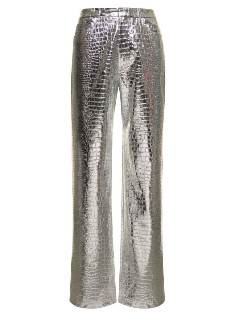 Silver Crocodile-Effect Straight Pants With Shiny Finish Woman Rotate