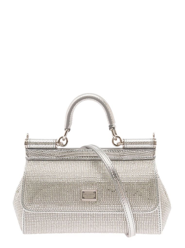 Sicily Crystal Silver-Tone Handbag With Logo Tag In Leather Blend Woman