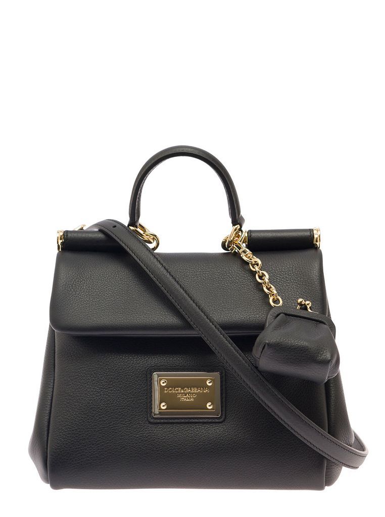 Sicily Padded Black Handbag With Logo Plaque And Bag-Shaped Keychain In Smooth Leather Woman