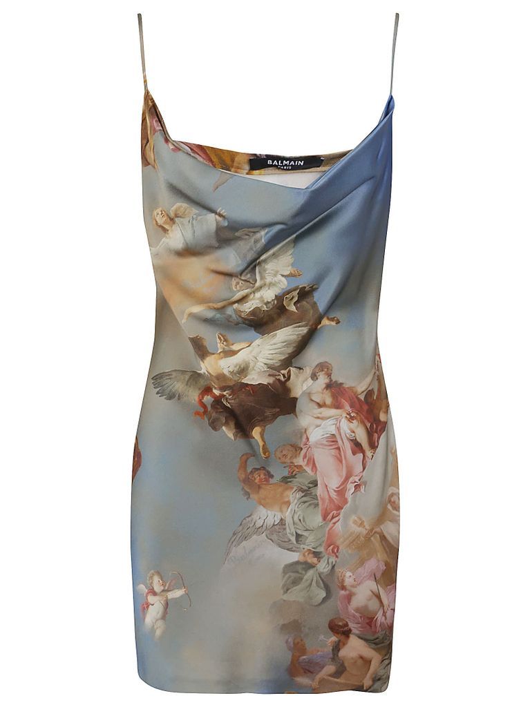Sky Printed Cowl Neck Babydoll Dress