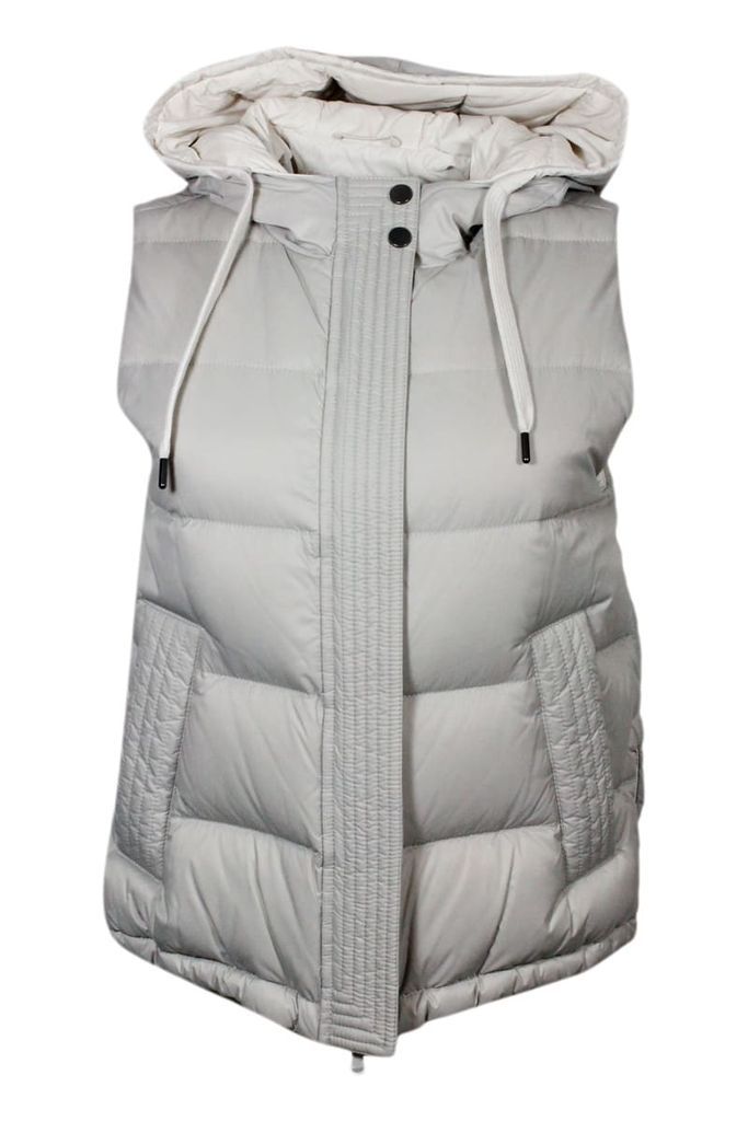 Sleeveless Down Jacket In Light Nylon With Hood With Drawstring