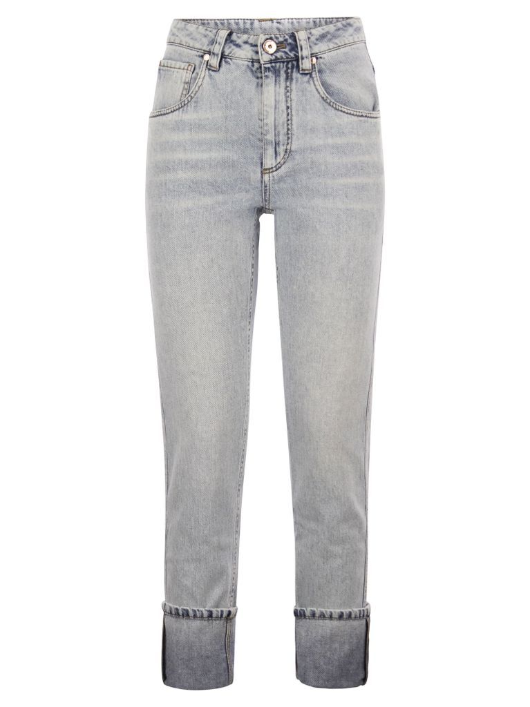 Soft Denim Straight Trousers With Shiny Details