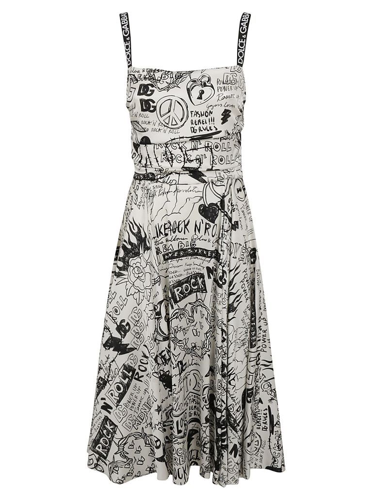 Square-Neck Graffiti Pleated Dress