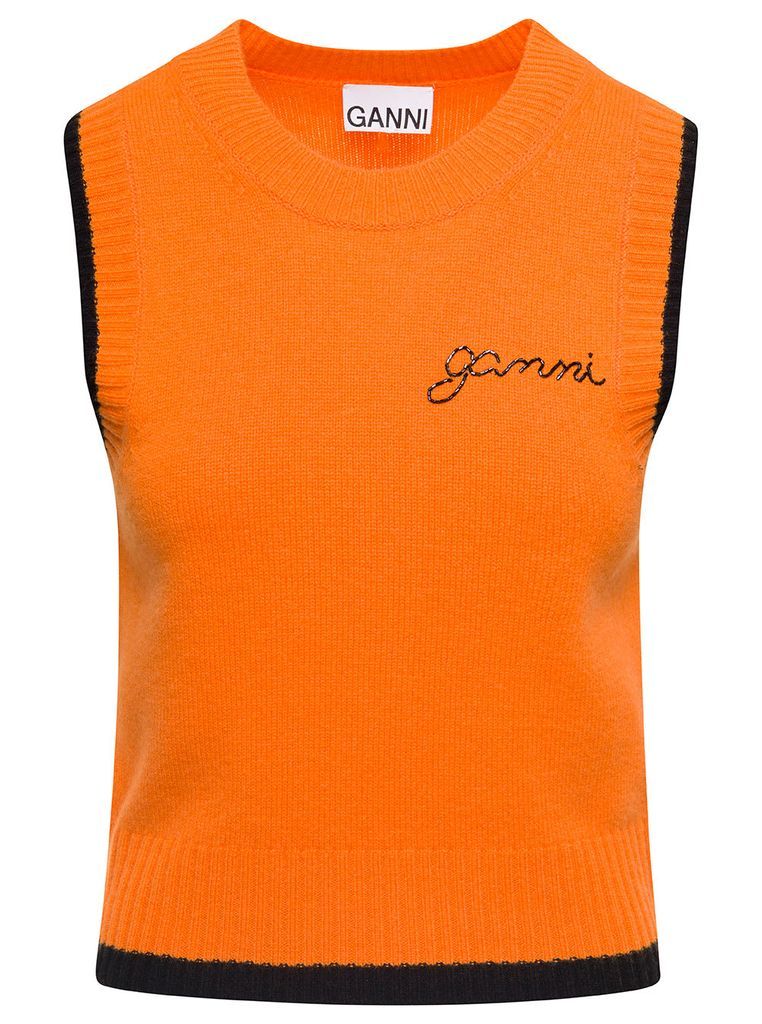 Orange Crew Neck Vest With Logo In Wool Blend Woman