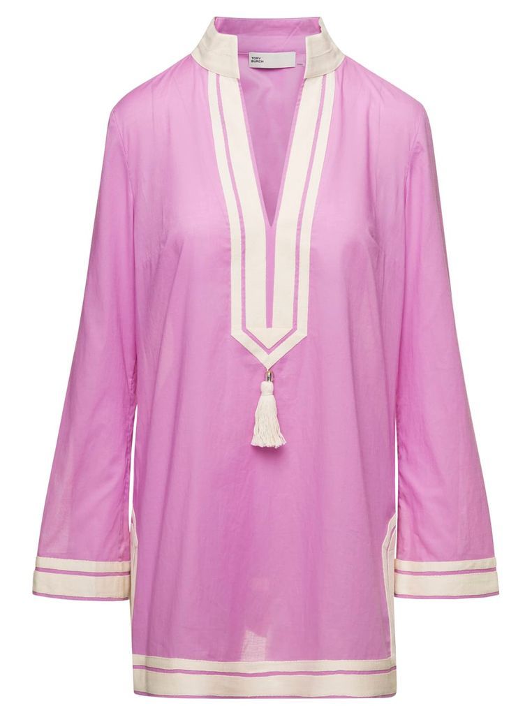 Tory Pink V Neck Tunic With Tassel In Lightweight Cotton Woman Tory Burch