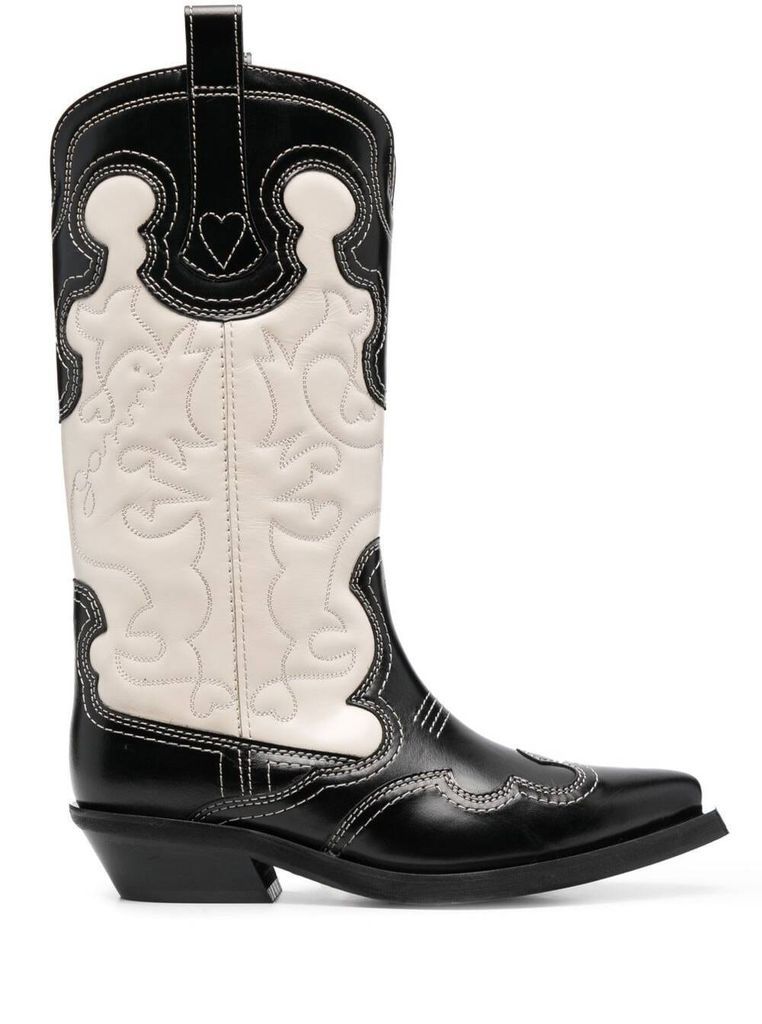 Two Tone Mid Shaft Embroidered Western Boot In Leather Woman