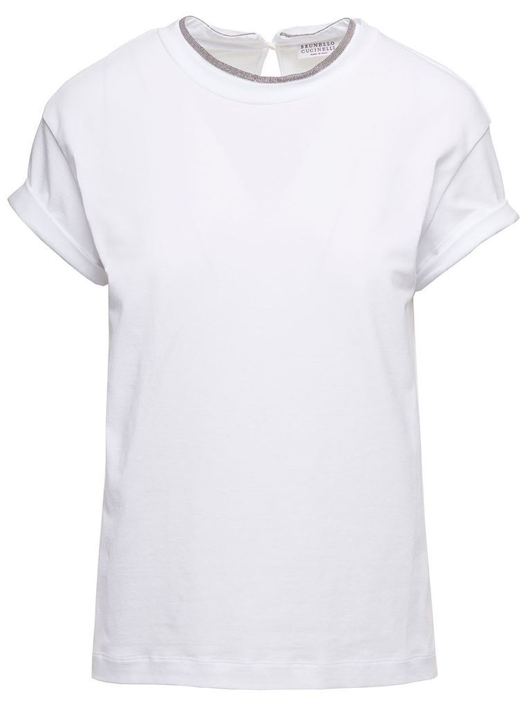 White T-Shirt With Monile Detail In Cotton Woman Brunello Cucinelli