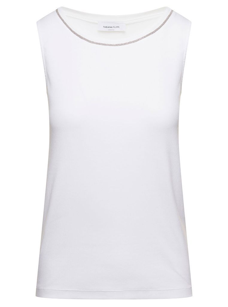 White Sleeveless Top With Ball Chain Trim In Cotton Woman