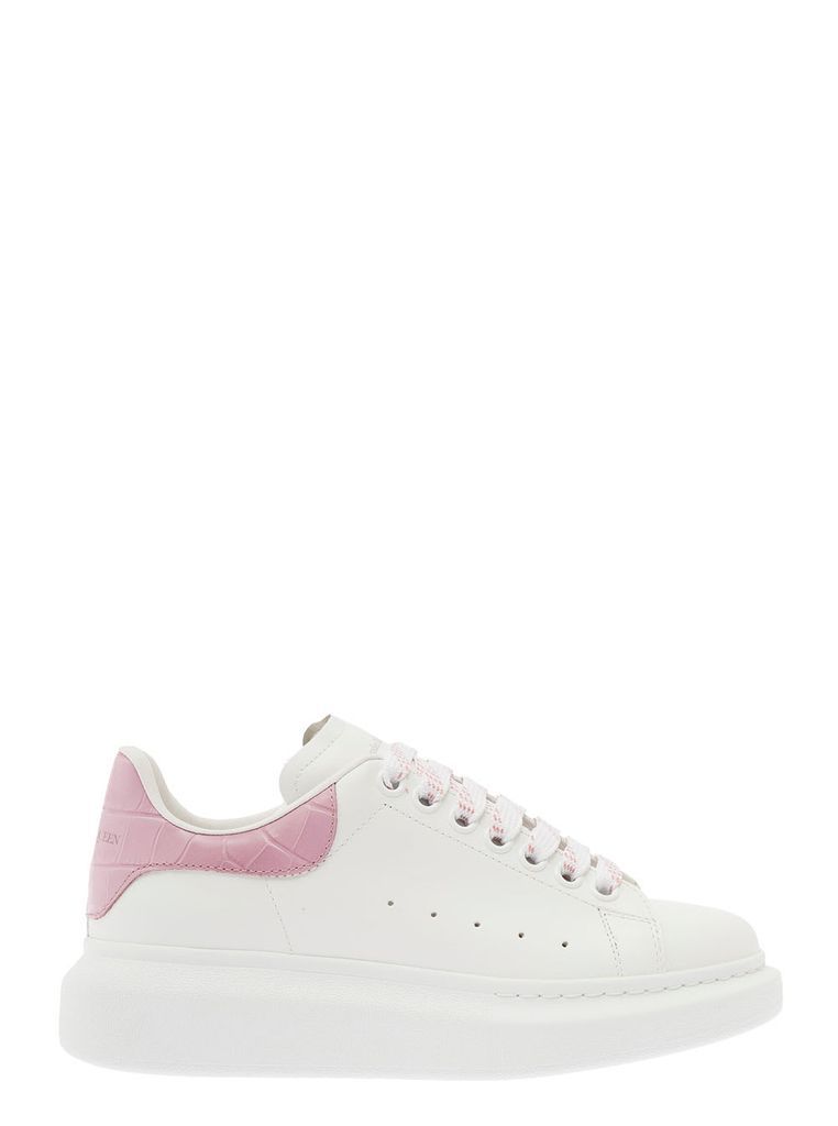 White Larry Low Top Sneakers With Croco Heel Counter In Calf Leather