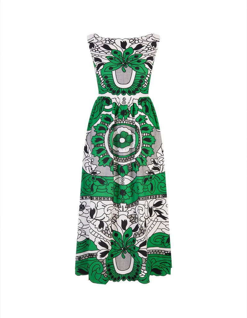 White And Green Cut-Out Flower Embroidered Dress