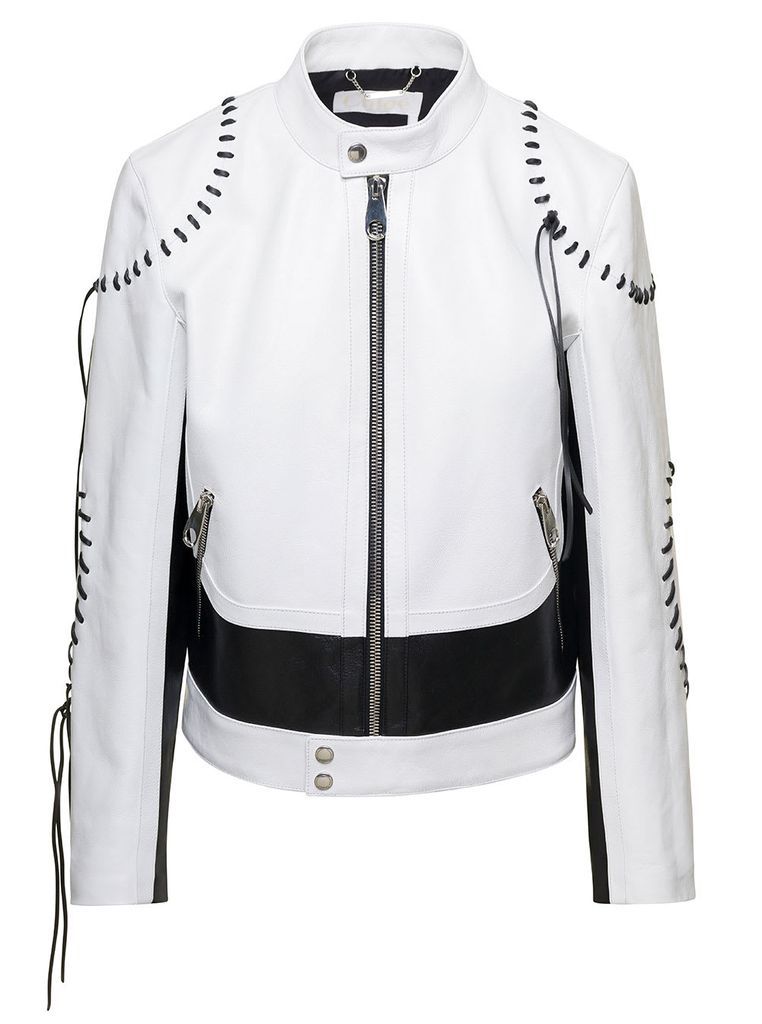White Biker Jacket With Black Seams In Calf Leather Woman