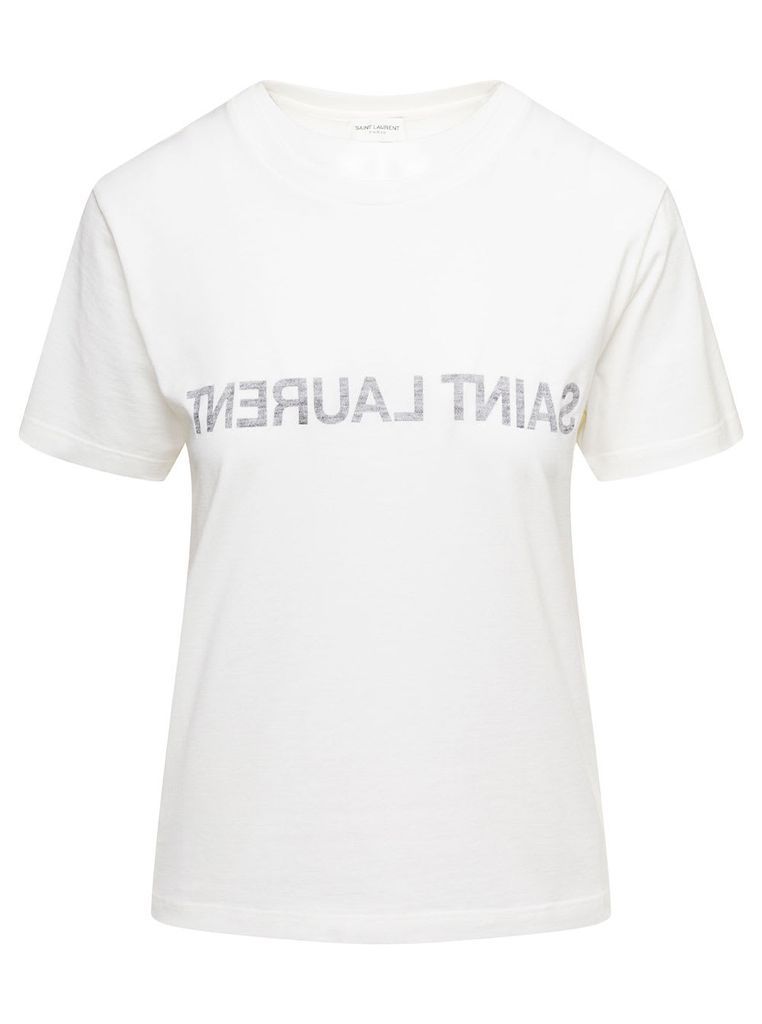 White Crewneck T-Shirt With Reverse Logo In Cotton Woman