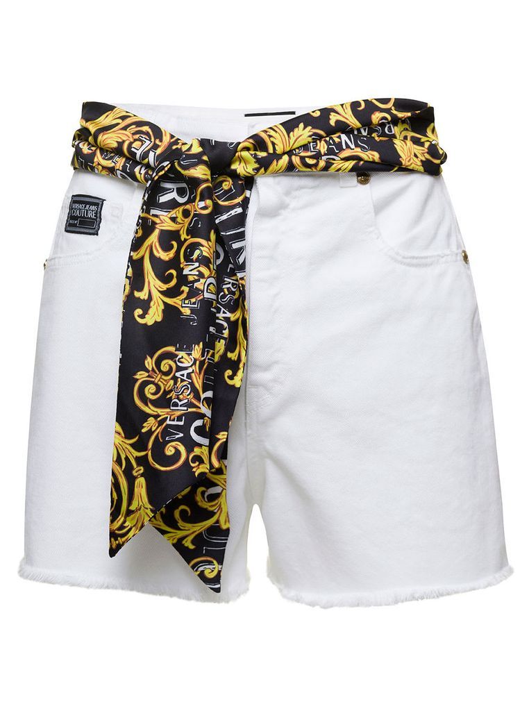 White Denim High Wasited Shorts With Baroque Print Foulard In Cotton Woman