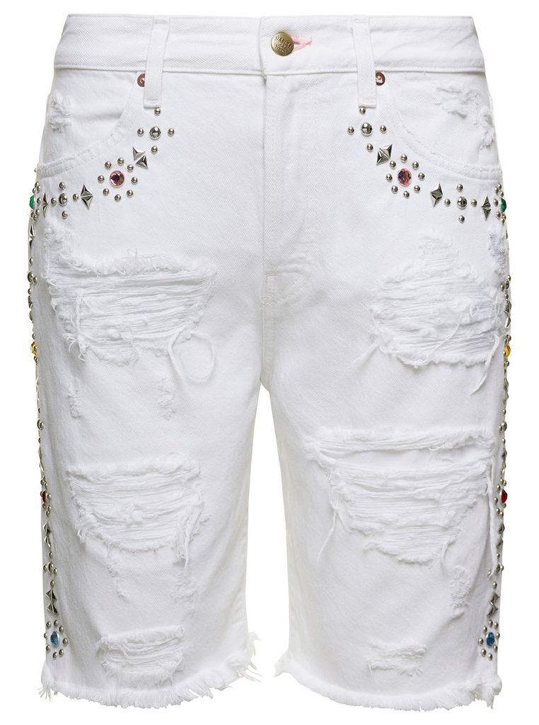 White Denim Shorts Distressed Design With Crystal And Studs Embellishment In Cotton Woman