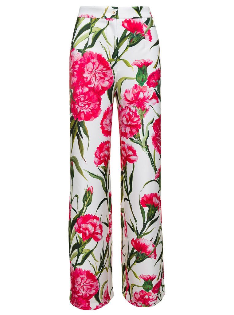 White Floral Print Flared Trousers In Cotton Blend Woman