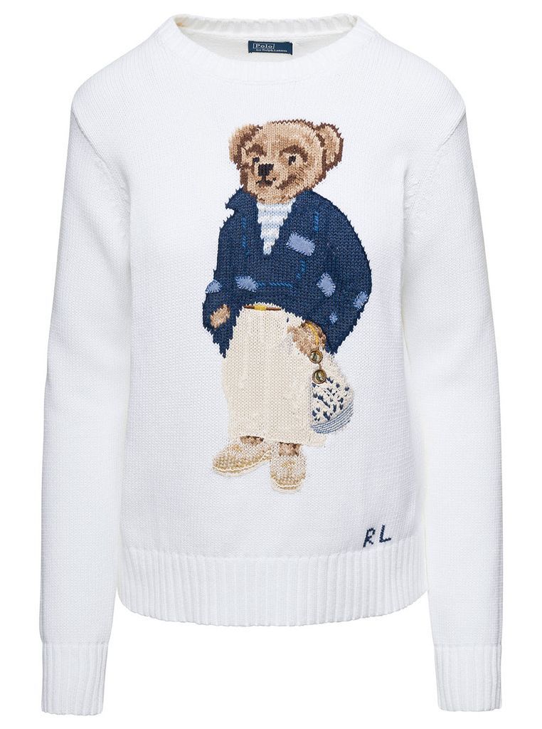 White Knit Jumper With Polo Bear Intarsia On The Chest In Cotton Woman