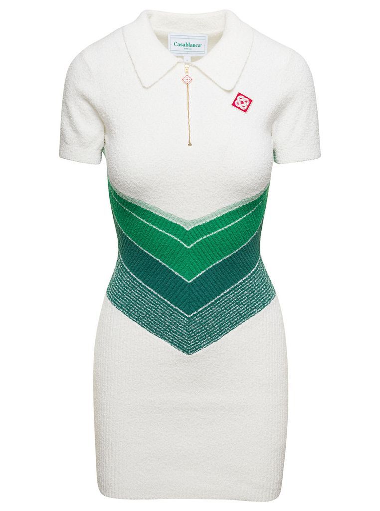 White Polo Dress With Chevron Gradient Motif In Cotton Blend Woman
