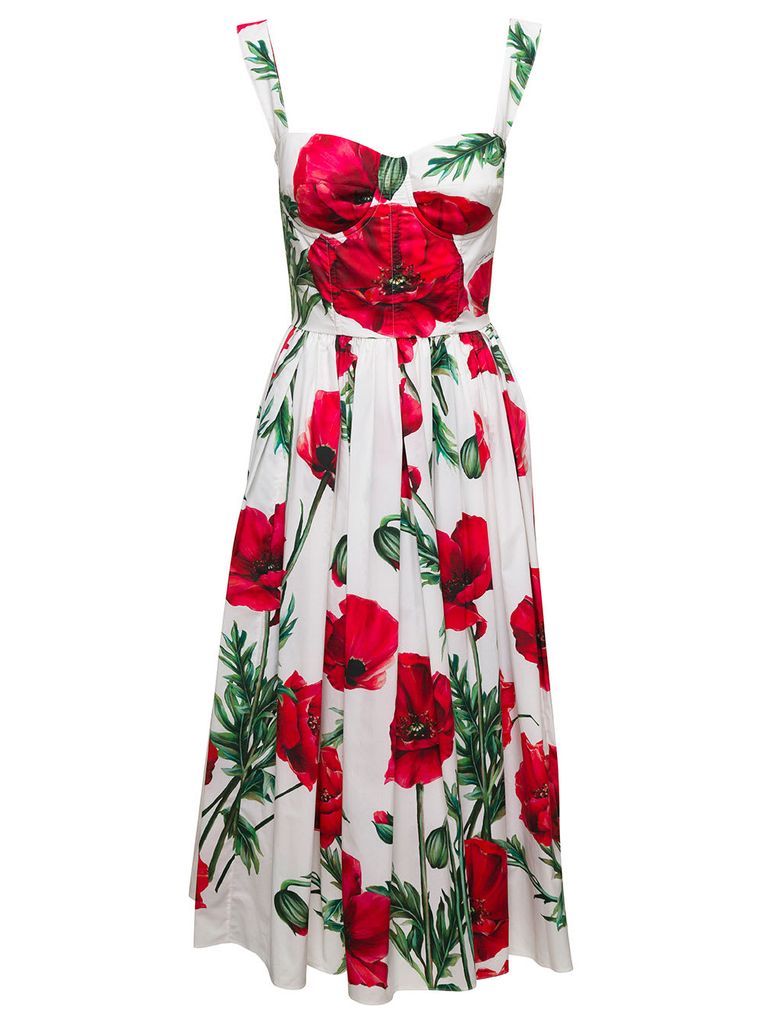 White Popeline Midi Dress With Poppies Print All-Over In Cotton Woman