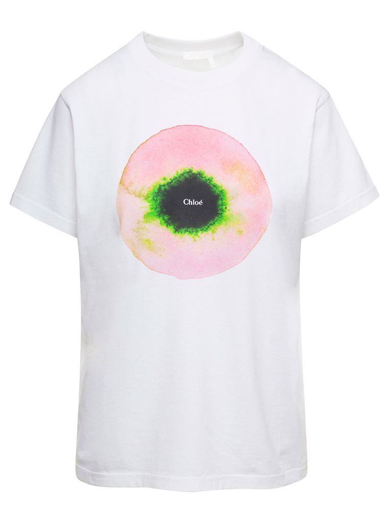 White T-Shirt With Graphic And Logo Print At The Front In Cotton Woman