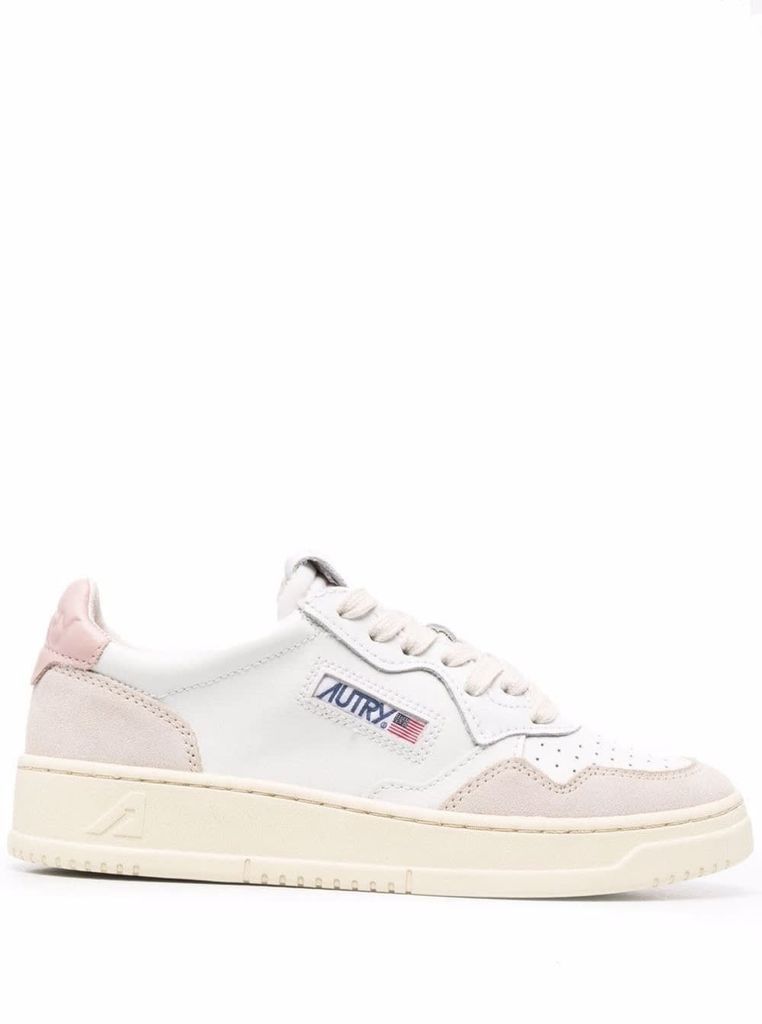 Womans White And Pink Leather Low Sneakers With Logo