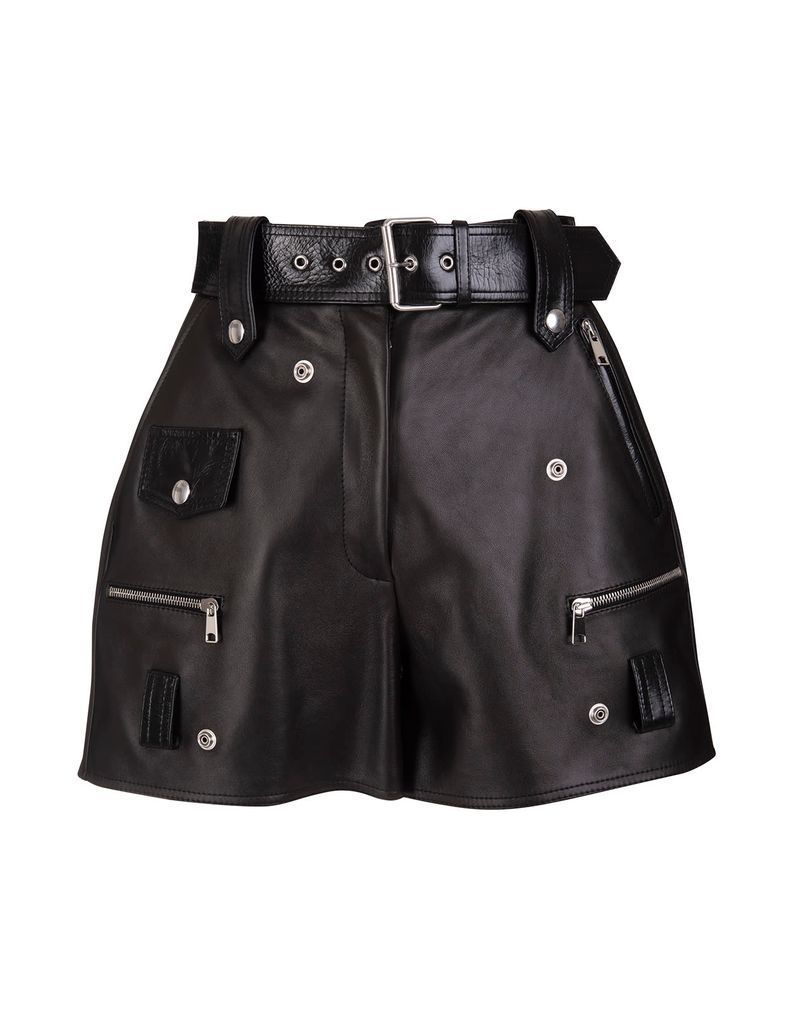 Woman Black Leather Shorts With Belt And Studs