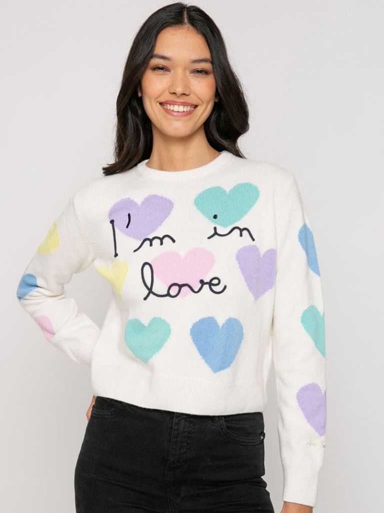 Woman Sweater With Hearts Print And Im In Love Embroidery
