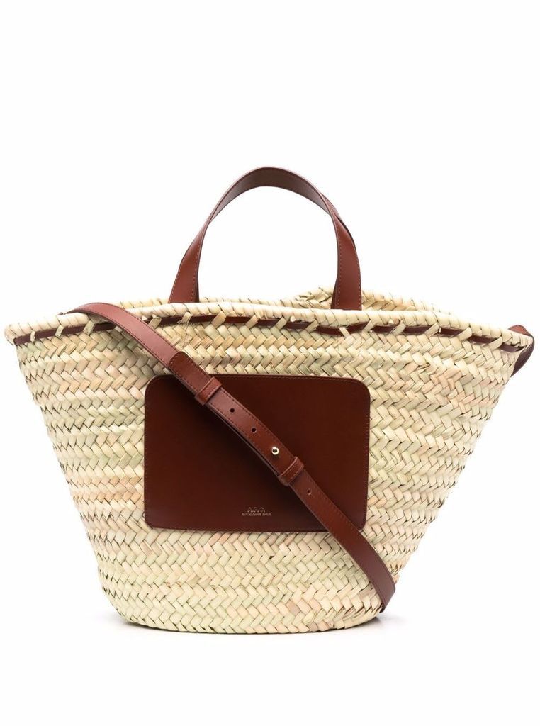 Womans Zoe Woven Straw Beige And Brown Leather Shopper Bag