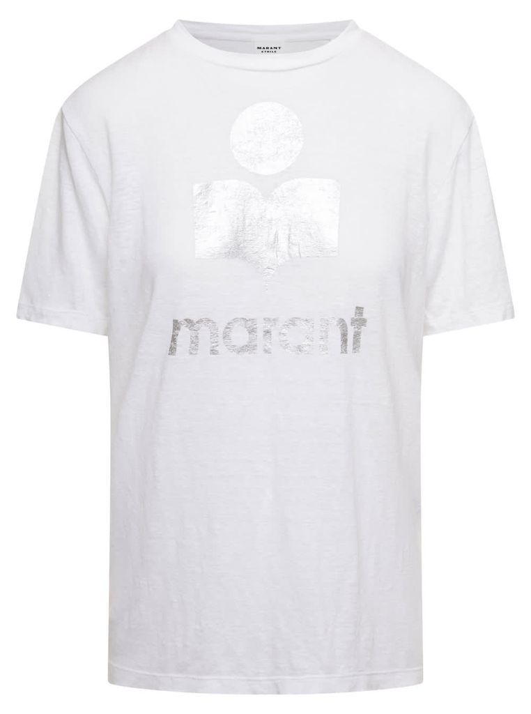 Zewel White T-Shirt With Matallic Contrasting Logo In Linen Woman Isabel Marant Etoile