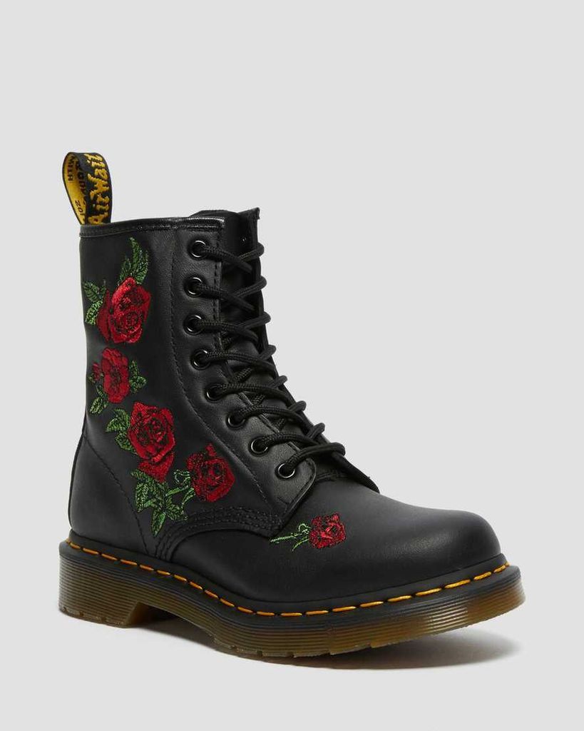 Women's 1460 Vonda Floral Rose Leather Lace Up Boots in Black, Size: 3
