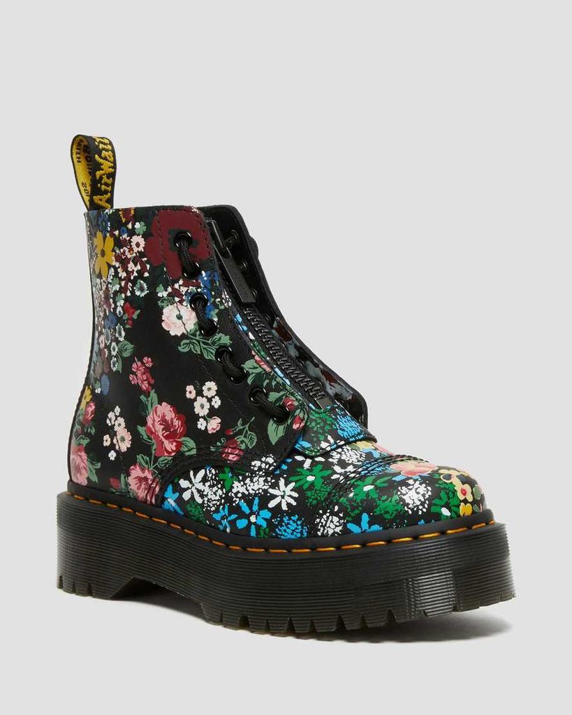 Women's Leather Sinclair Floral Mash Up Platform Boots in Black, Size: 3