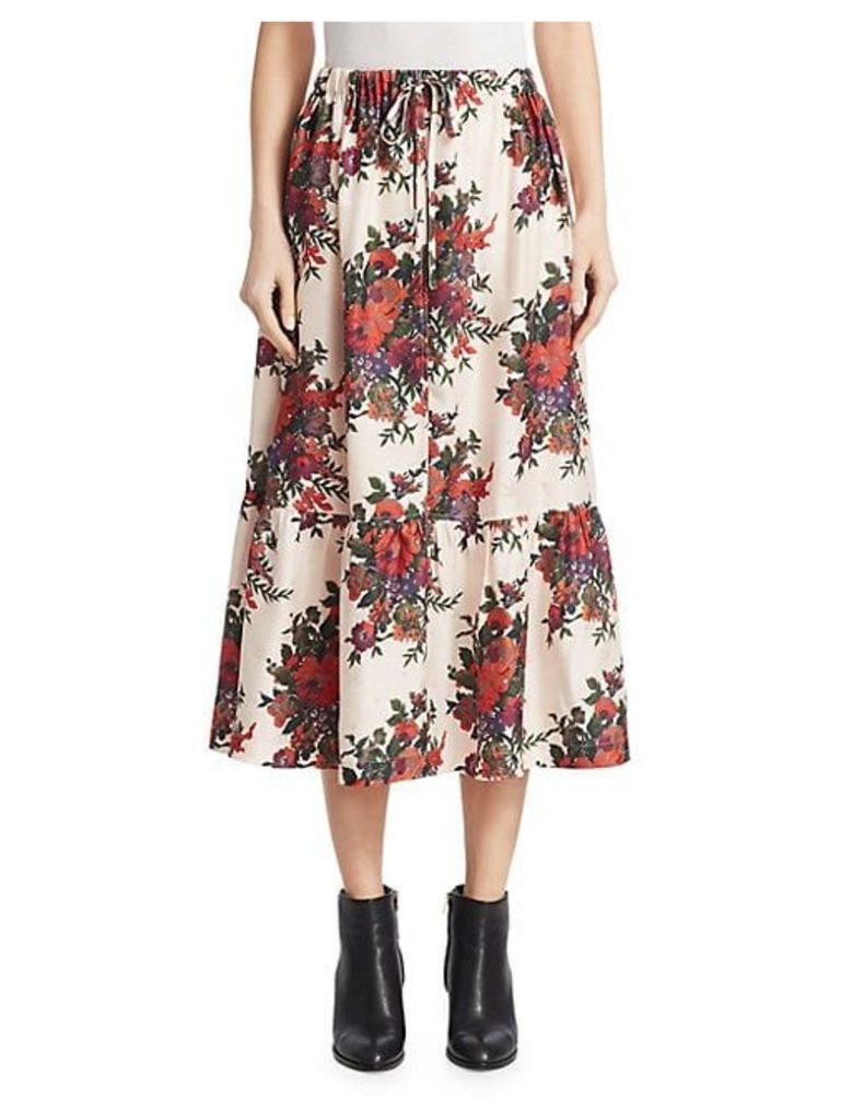 Silk Crepe Floral Ruffled Midi Skirt