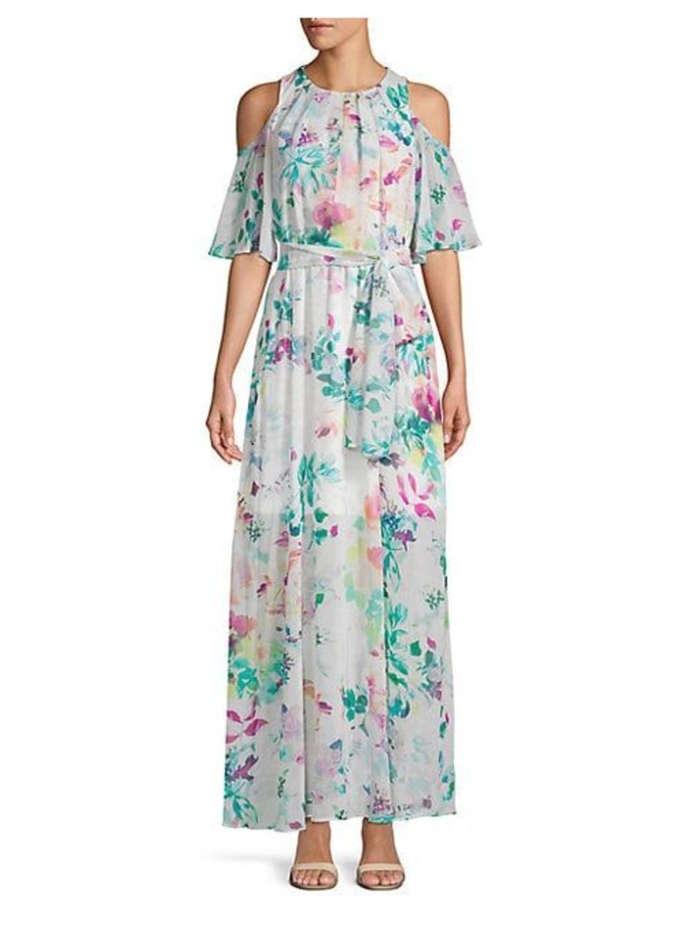Cold-Shoulder Floral Chiffon Long Dress