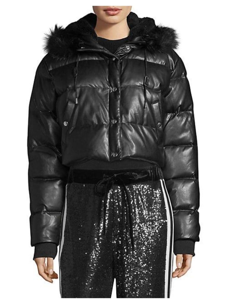 Faux Fur-Trimmed Cropped Puffer Coat