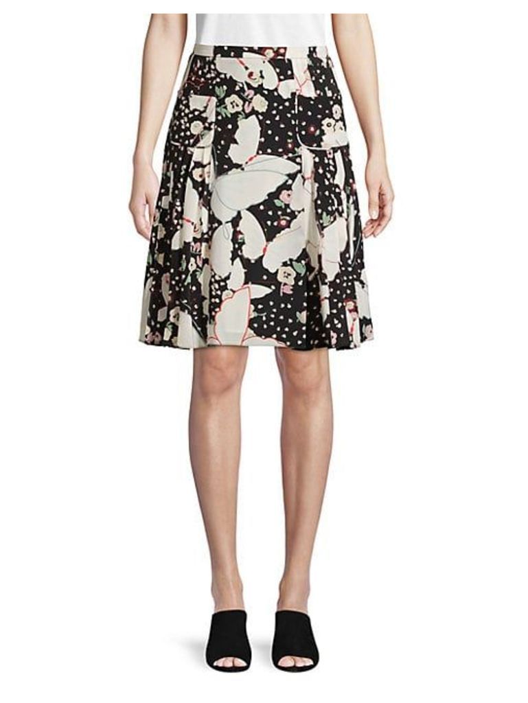 Floral & Butterfly Print Silk A-Line Skirt