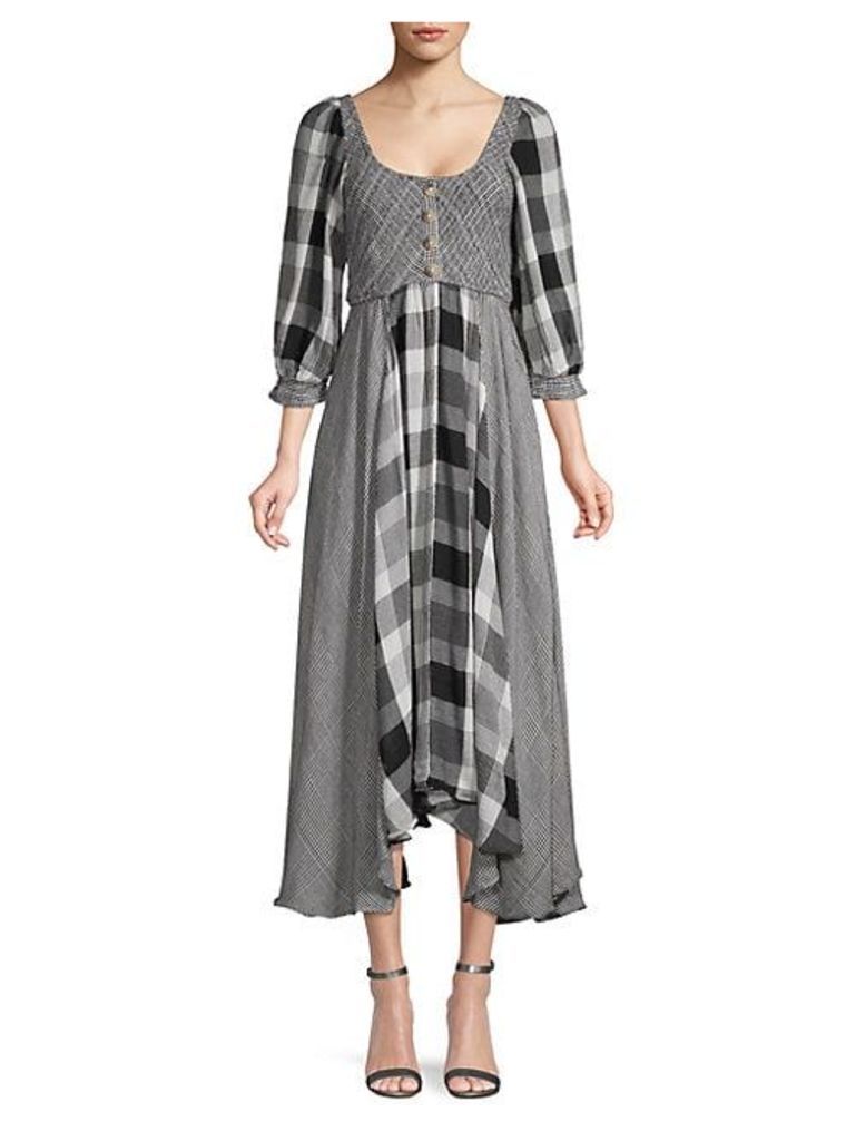 Puffed-Sleeve Checker Peasant Dress