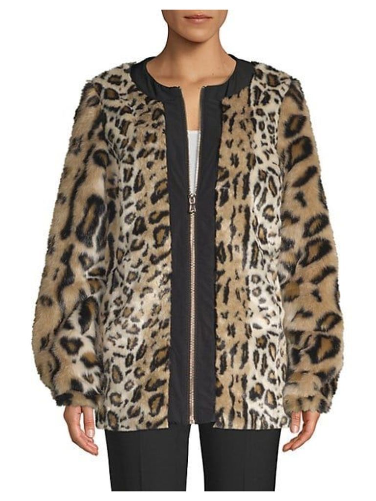 Faux Fur Leopard Print Zip Coat