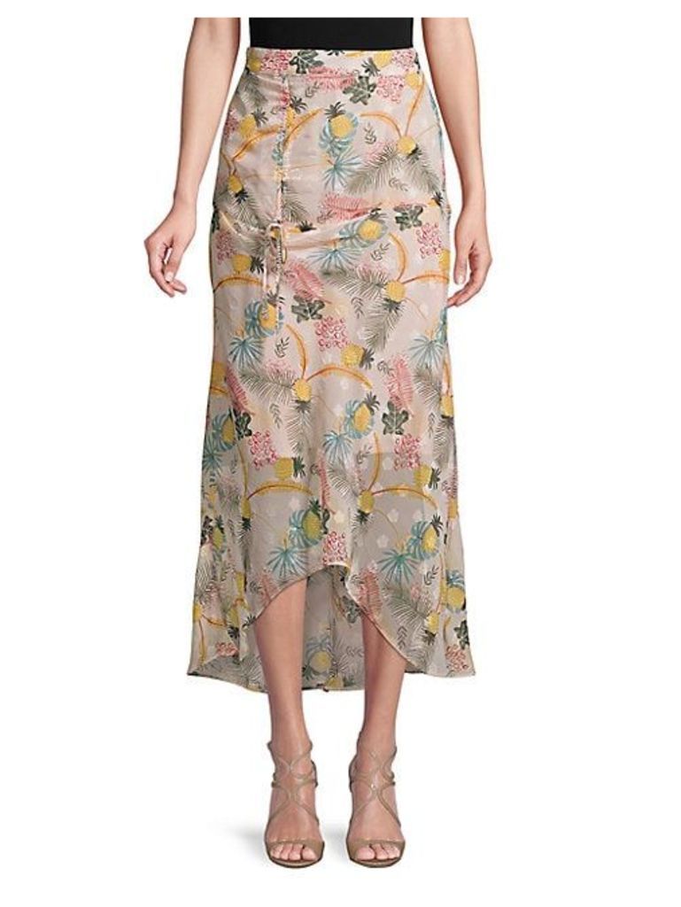 Pineapple Print Shirred Front Midi Skirt